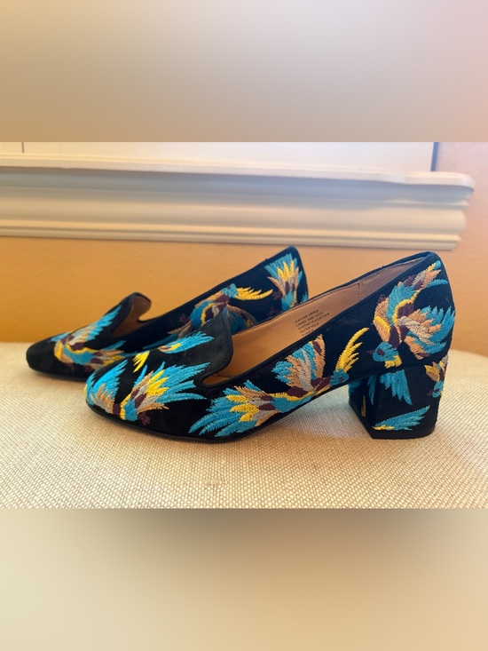 Banana Republic Shoes - Banana Republic Black Suede Block Heel Loafers with Blue & Yellow Embroidery